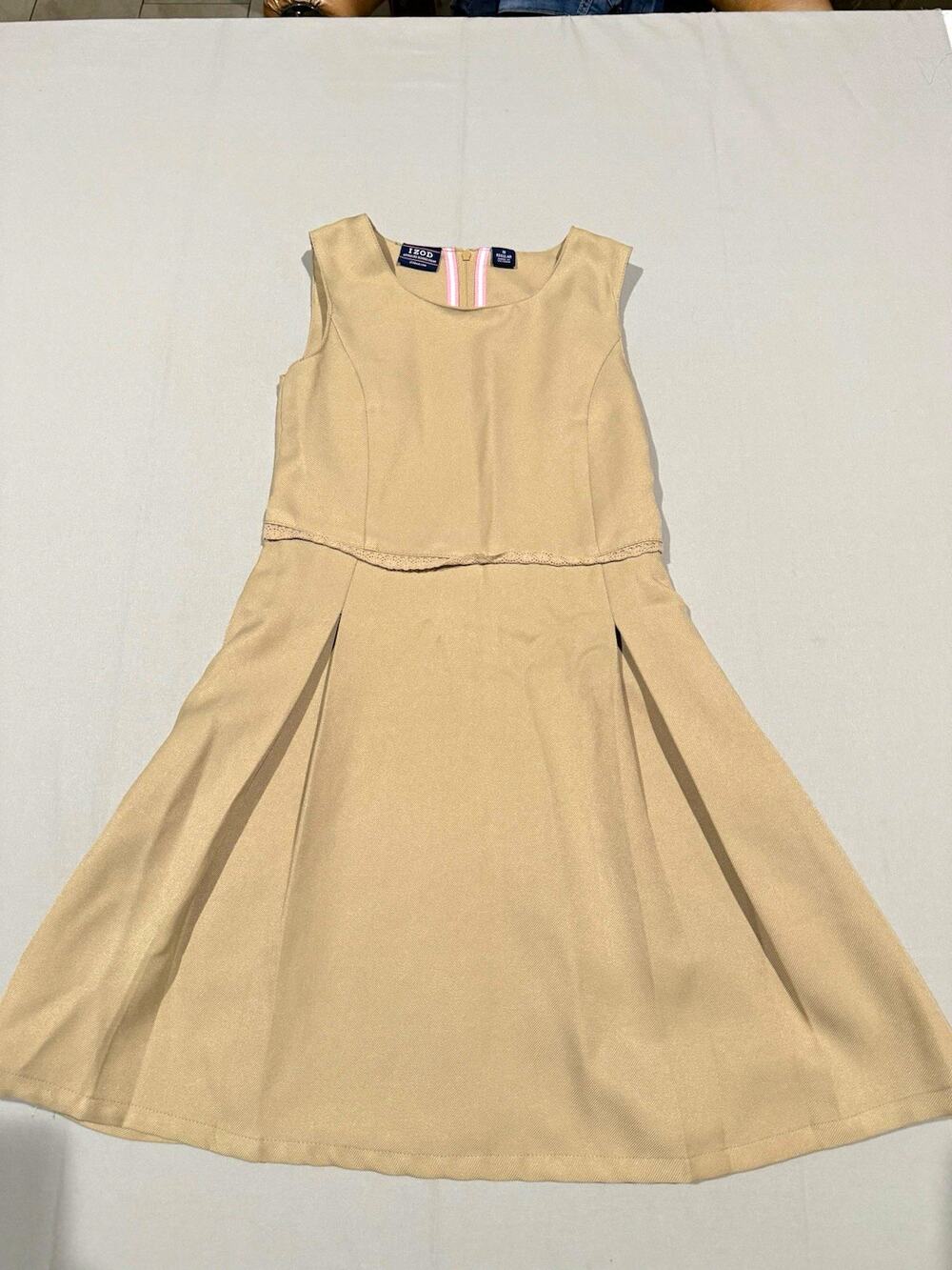 IZOD Girls Khaki Uniform Jumper Dress Sleeveless Pleated Twill Zip Regular